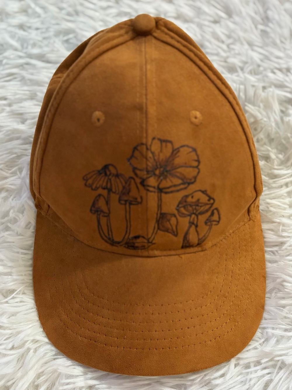 Hand Burned Mushroom Nature Indie Boho Goblin Hippie Festival Faux Suede Cap Hat